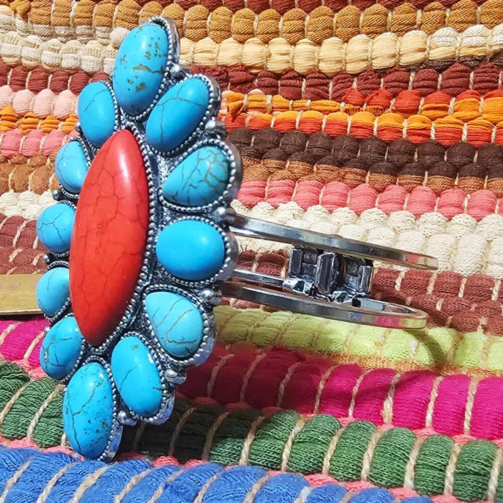 Silver Cuff Southwestern Style Bracelet. Turquoise and Red Faux Stones. NWT. - Picture 6 of 9